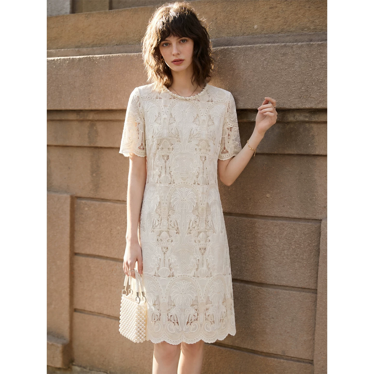Apricot cotton lace dress women's summer 2026 new elegant hollow embroidery light luxury temperament mid-length skirt Apricot cotton lace dress women's summer 2026 new elegant hollow embroidery light luxury temperament mid-length skirt