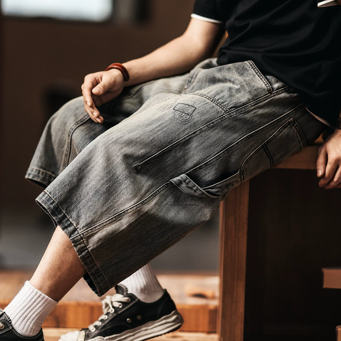 Green Deer Japanese Retro Distressed Denim Shorts Men's 2026 Summer Trendy Loose Street Workwear Cropped Pants Men Green Deer Japanese Retro Distressed Denim Shorts Men's 2026 Summer Trendy Loose Street Workwear Cropped Pants Men