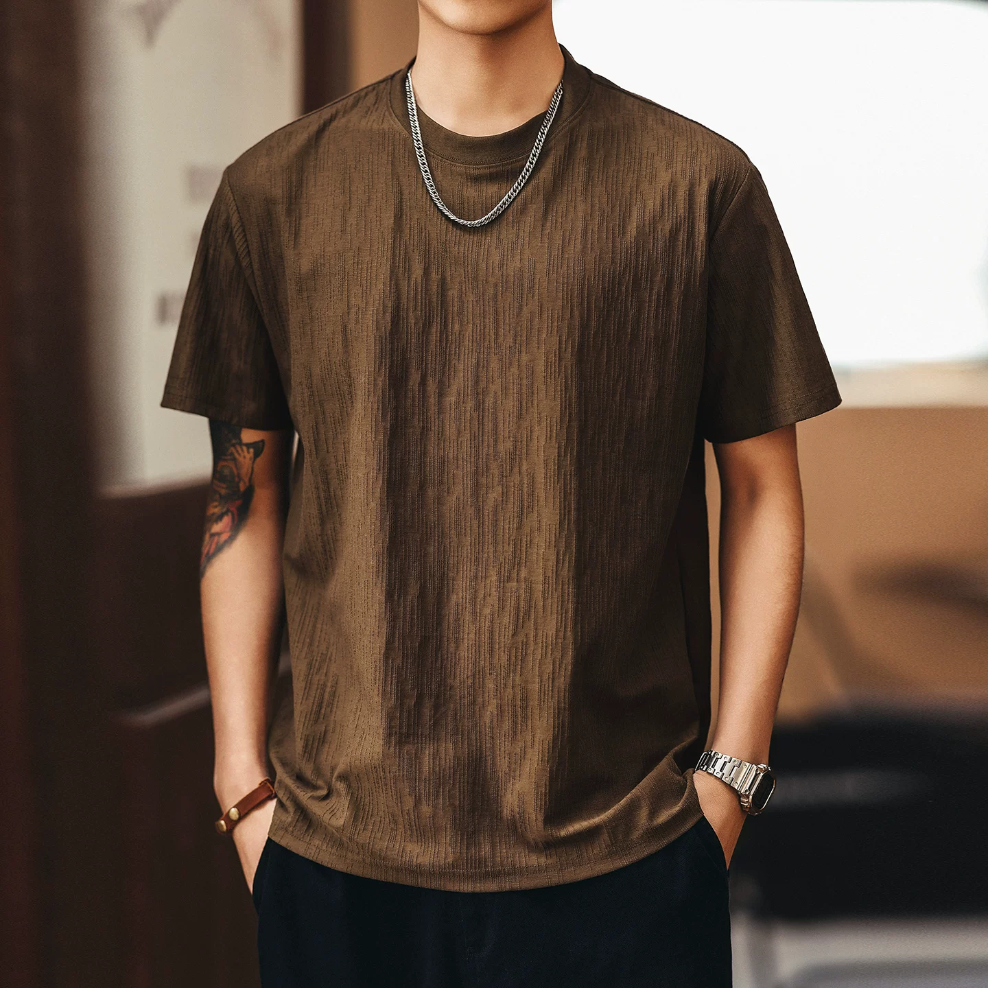Green Deer Japanese style textured vertical striped short-sleeved T-shirt for men in summer trendy brand loose and cool casual round neck T-shirt for men Green Deer Japanese style textured vertical striped short-sleeved T-shirt for men in summer trendy brand loose and cool casual round neck T-shirt for men