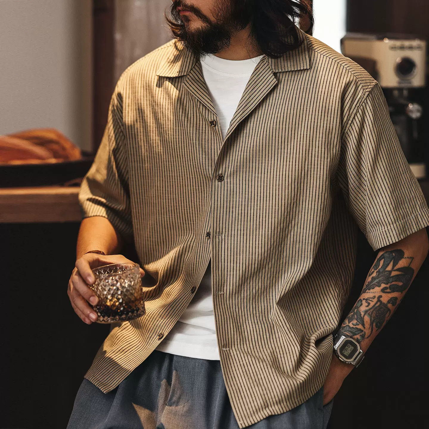 Green Deer American Cuban collar striped shirt men's summer fashion brand loose casual relaxed Tencel linen shirt Green Deer American Cuban collar striped shirt men's summer fashion brand loose casual relaxed Tencel linen shirt