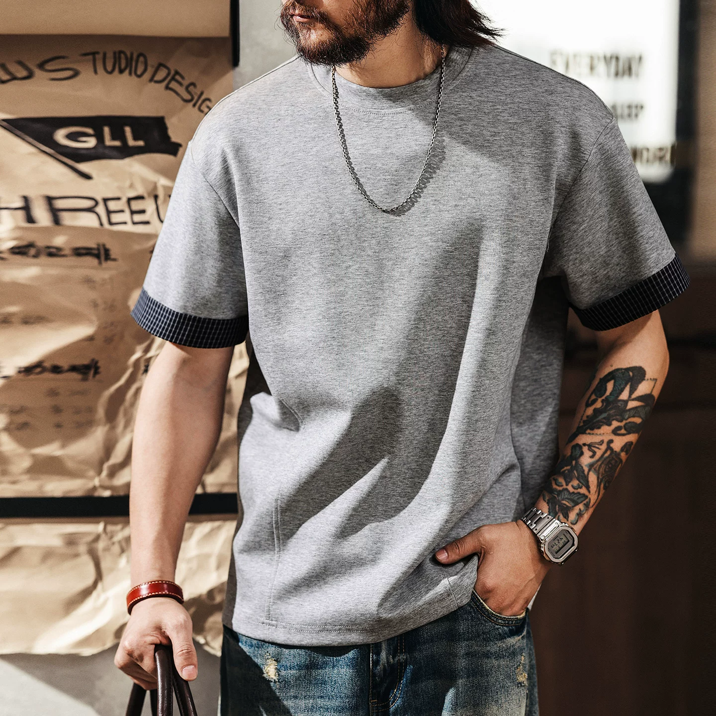 Green Deer American retro fake two-piece plaid short-sleeved men's summer trendy brand loose top 260g heavyweight t-shirt for men Green Deer American retro fake two-piece plaid short-sleeved men's summer trendy brand loose top 260g heavyweight t-shirt for men
