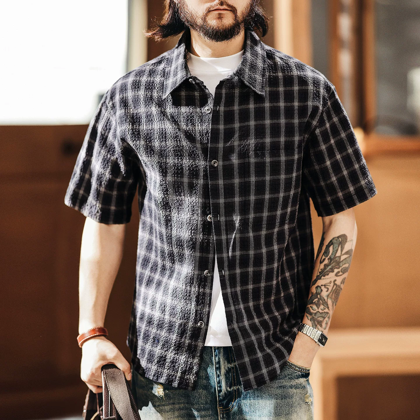 Green deer American retro seersucker plaid short-sleeved shirt for men summer fashion brand loose casual work shirt for men Green deer American retro seersucker plaid short-sleeved shirt for men summer fashion brand loose casual work shirt for men