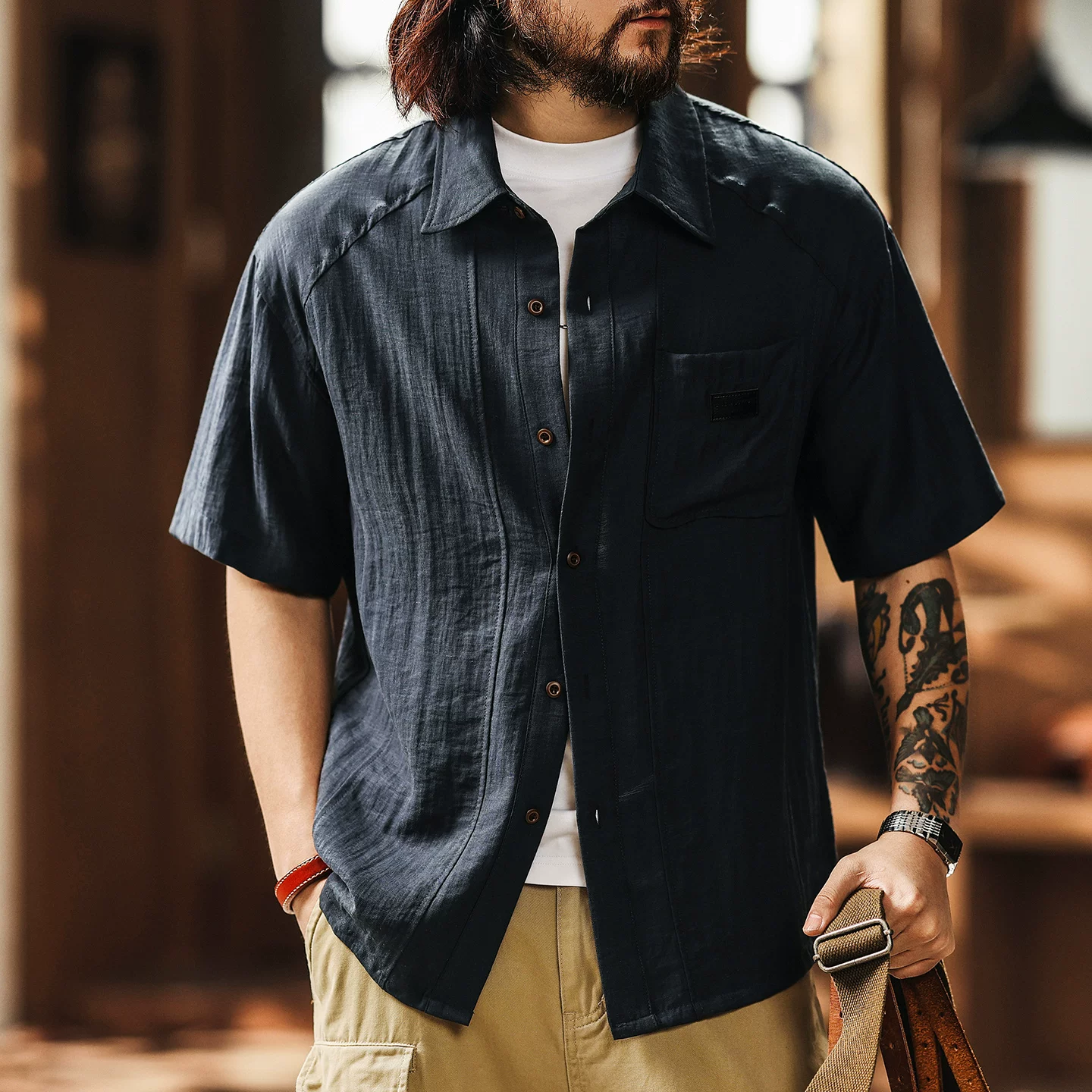 Green Deer American retro textured linen shirt short-sleeved men's jacket summer trendy brand breathable loose work shirt Green Deer American retro textured linen shirt short-sleeved men's jacket summer trendy brand breathable loose work shirt
