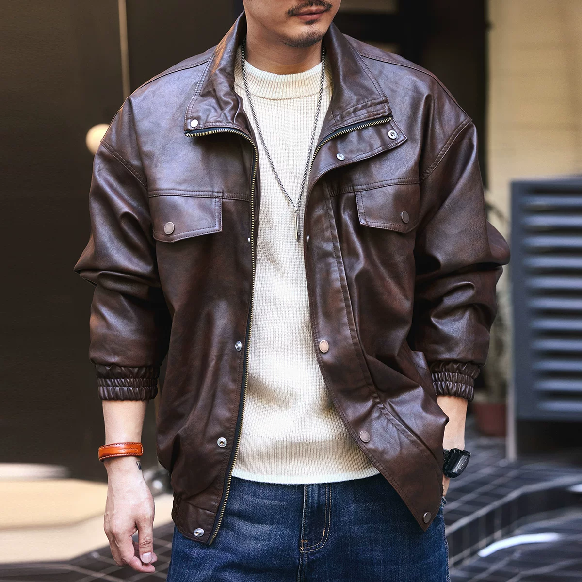 Green Deer American Retro Soft Leather Jacket Men's Spring and Autumn Trendy Brand Loose Motorcycle Ami Khaki Tough Guy Leather Jacket Green Deer American Retro Soft Leather Jacket Men's Spring and Autumn Trendy Brand Loose Motorcycle Ami Khaki Tough Guy Leather Jacket