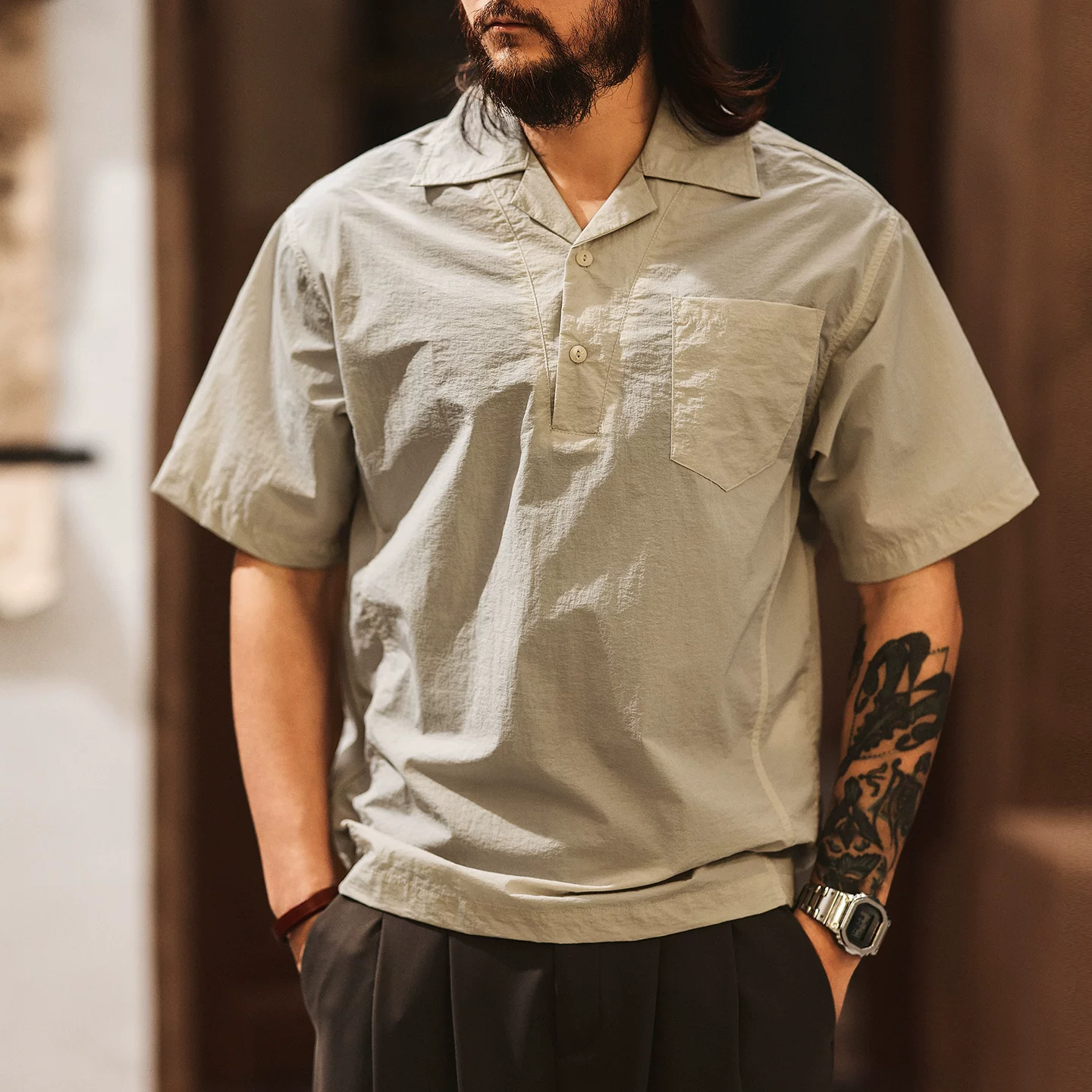 Green Deer American jacquard texture Cuban collar short-sleeved Polo shirt for men 2026 summer trendy brand light and cool shirt Green Deer American jacquard texture Cuban collar short-sleeved Polo shirt for men 2026 summer trendy brand light and cool shirt