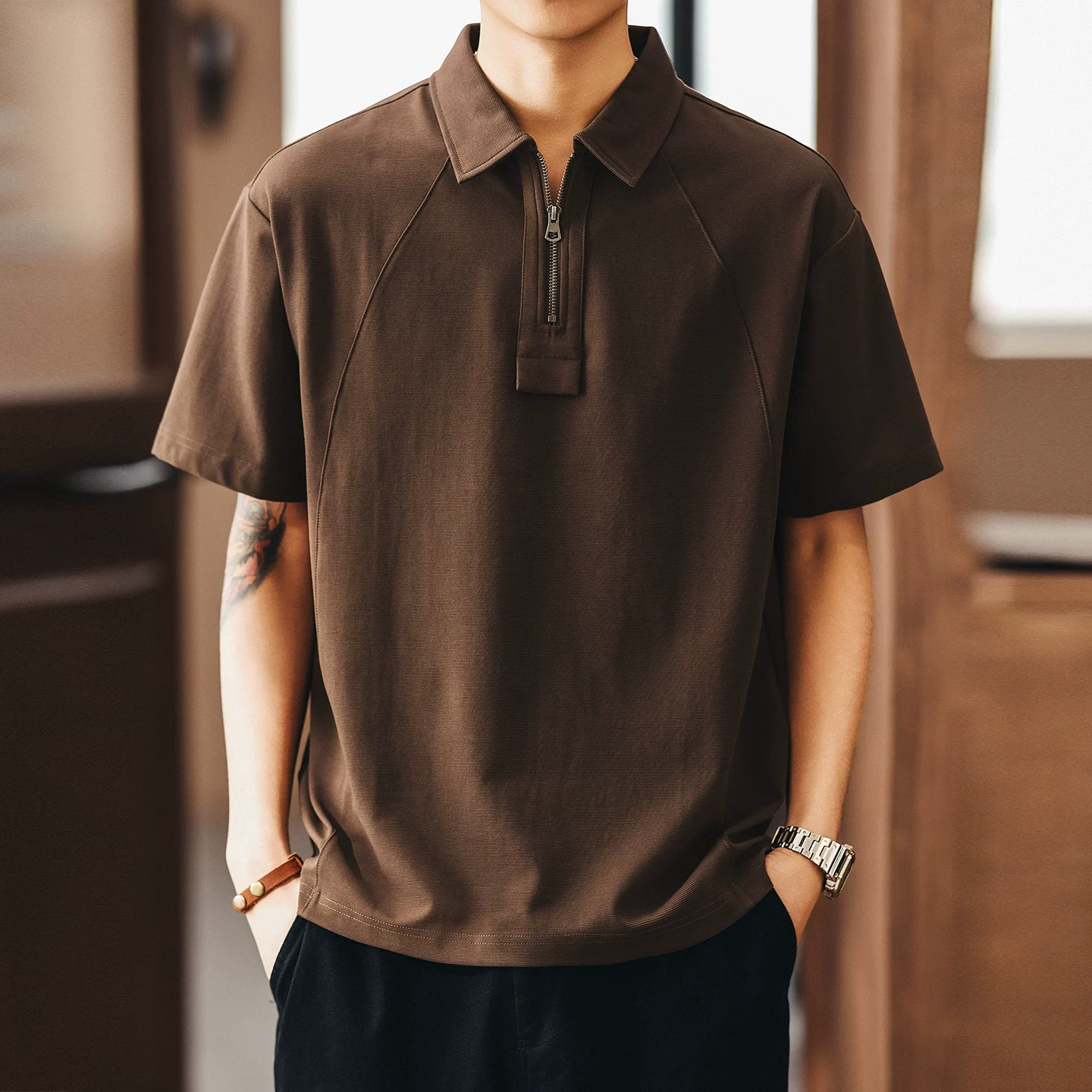 Green Deer American Line Half-Zip Short-Sleeved Polo Shirt Men's Summer Casual Loose Raglan Sleeve Lapel T-Shirt Green Deer American Line Half-Zip Short-Sleeved Polo Shirt Men's Summer Casual Loose Raglan Sleeve Lapel T-Shirt