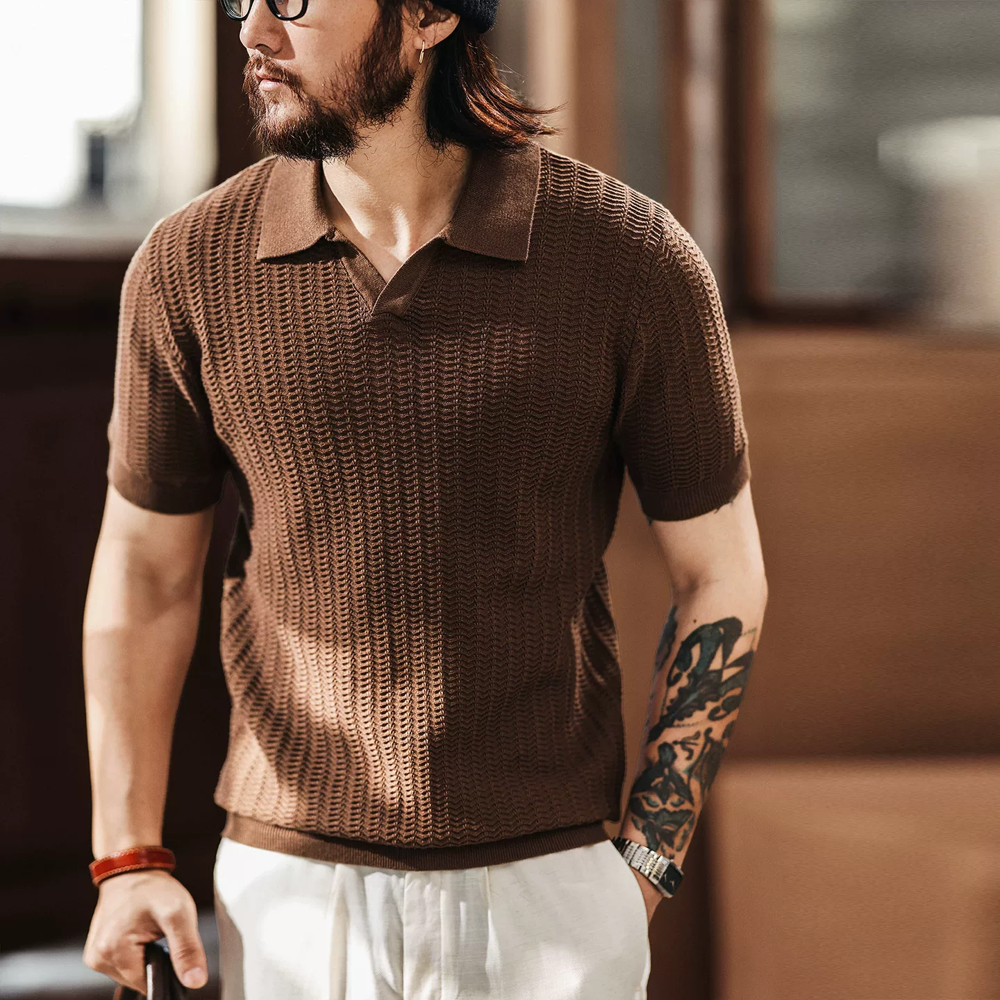 Green Deer American old money style seagull collar Polo shirt 2026 summer trendy brand casual jacquard V-neck hollow T-shirt for men Green Deer American old money style seagull collar Polo shirt 2026 summer trendy brand casual jacquard V-neck hollow T-shirt for men