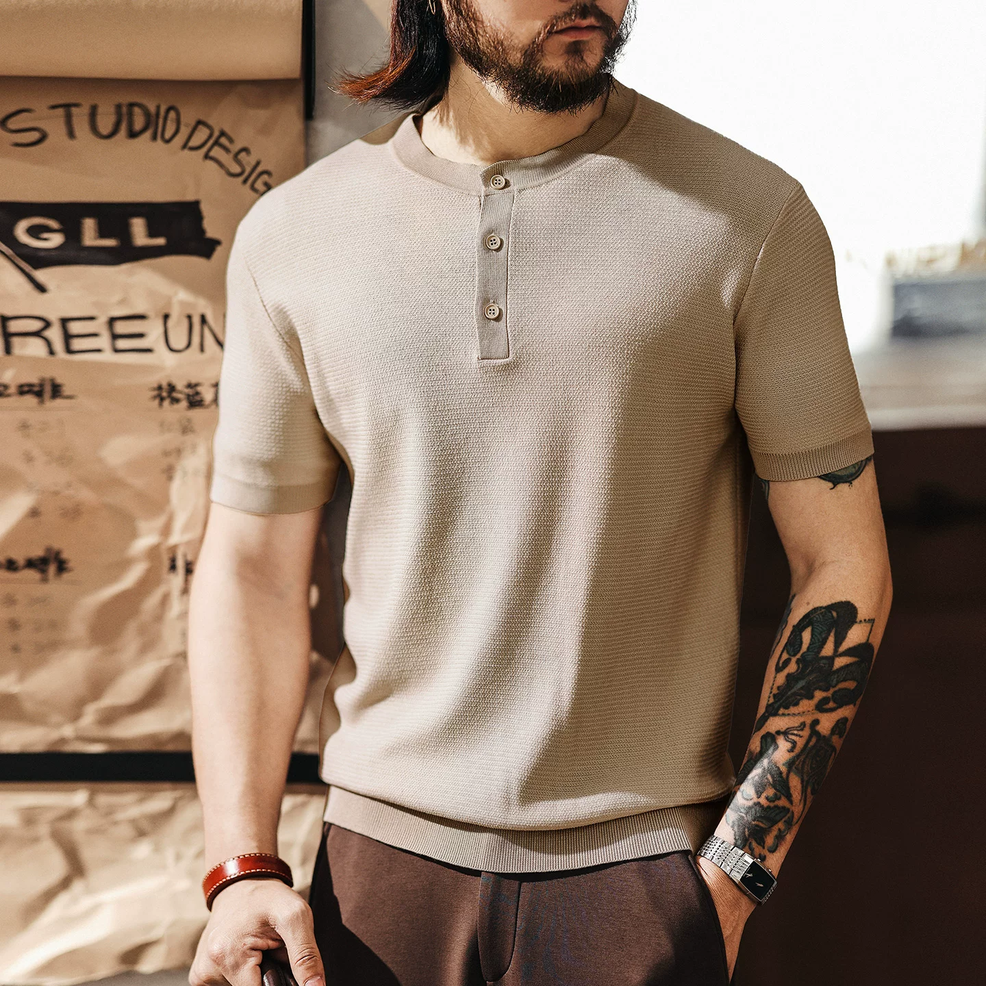 Green Deer old money style texture Henry collar Polo shirt men's summer trendy brand knitted cool short-sleeved ice silk T-shirt Green Deer old money style texture Henry collar Polo shirt men's summer trendy brand knitted cool short-sleeved ice silk T-shirt