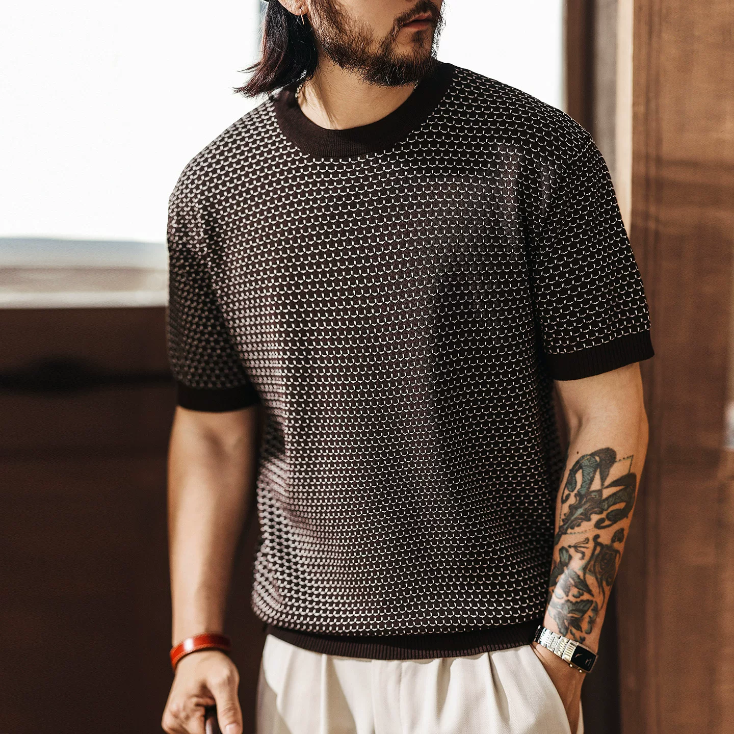 Green deer texture scale jacquard short-sleeved knitted T-shirt men's summer trendy brand loose ice silk contrasting color bottoming shirt Green deer texture scale jacquard short-sleeved knitted T-shirt men's summer trendy brand loose ice silk contrasting color bottoming shirt