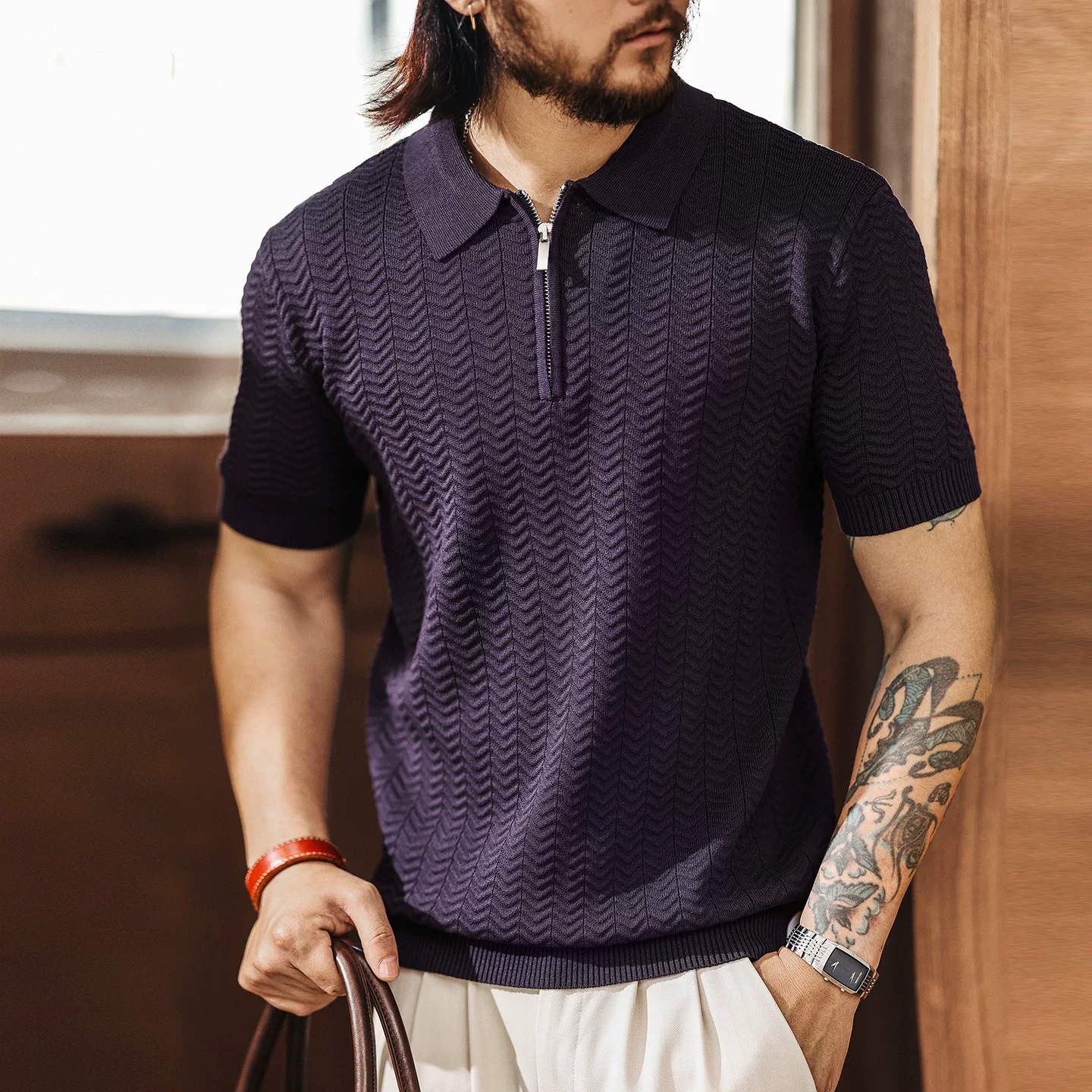 Green Deer light luxury old money style knitted polo shirt men's summer new fashion brand short-sleeved wavy striped ice silk T-shirt Green Deer light luxury old money style knitted polo shirt men's summer new fashion brand short-sleeved wavy striped ice silk T-shirt