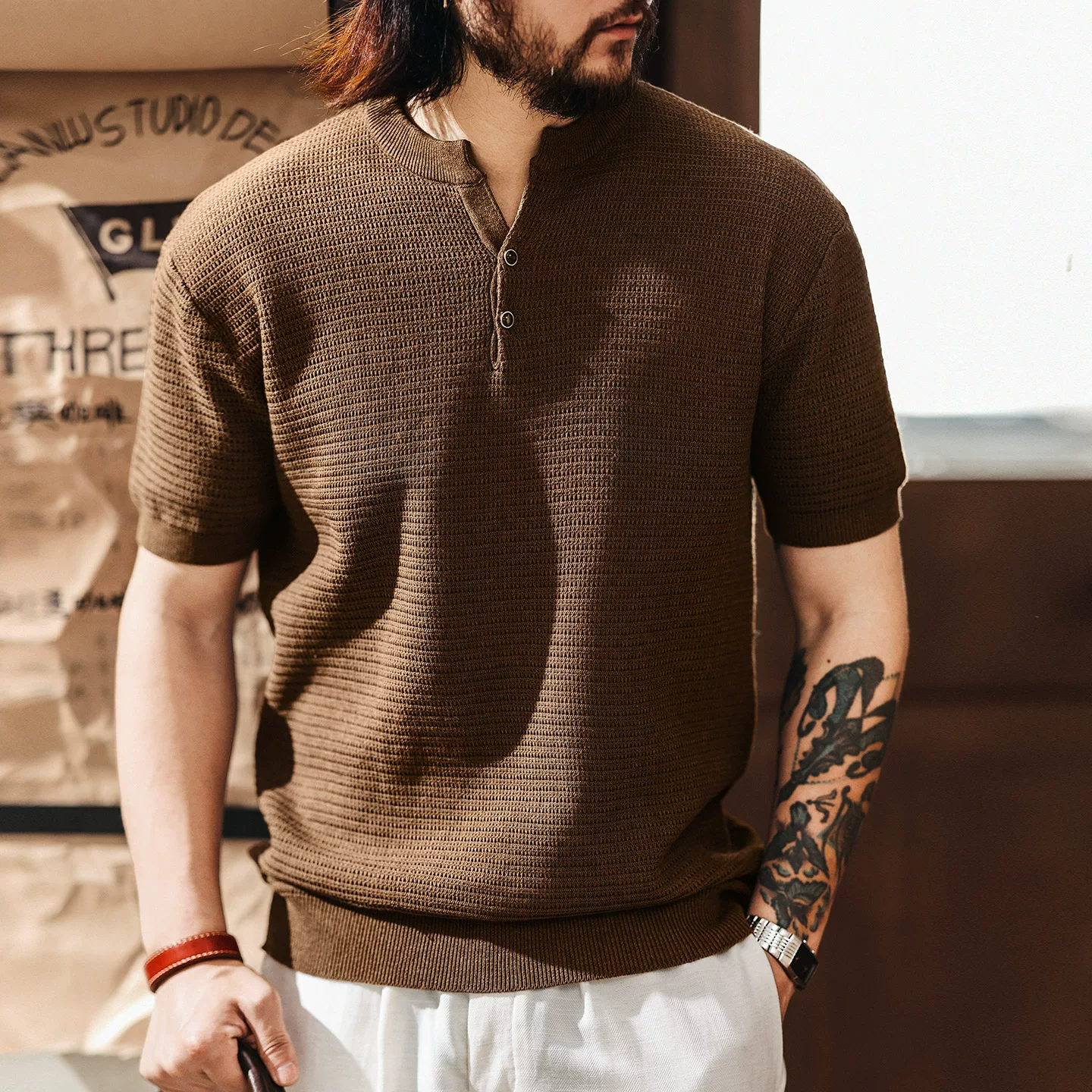 Green Deer high-end retro old money style Henry collar knitted short-sleeved men's summer trendy brand handsome half-sleeved T-shirt top Green Deer high-end retro old money style Henry collar knitted short-sleeved men's summer trendy brand handsome half-sleeved T-shirt top