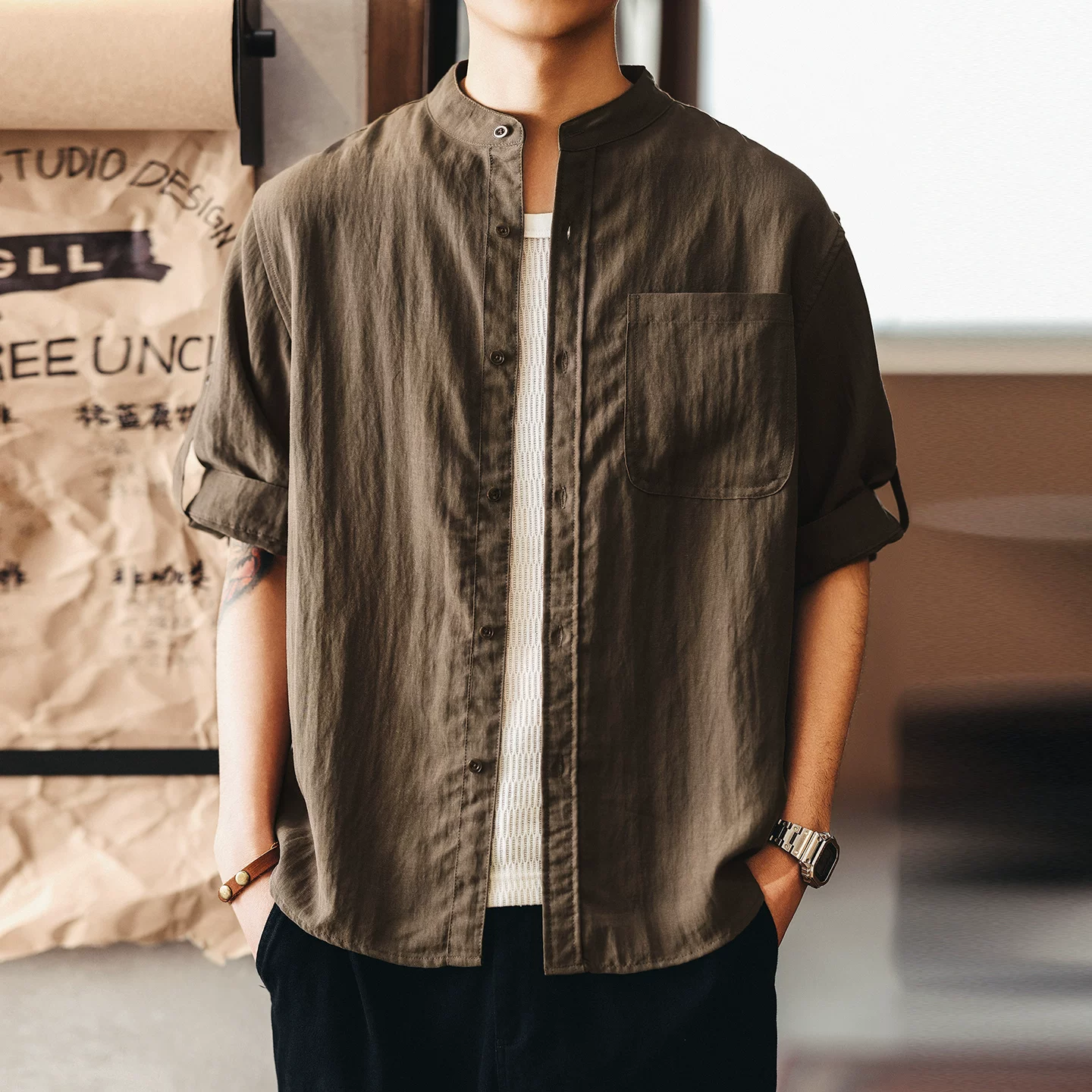 Green Deer high-end new Chinese style linen wrinkled shirt men's summer thin trendy brand stand-up collar casual commuting short-sleeved men Green Deer high-end new Chinese style linen wrinkled shirt men's summer thin trendy brand stand-up collar casual commuting short-sleeved men