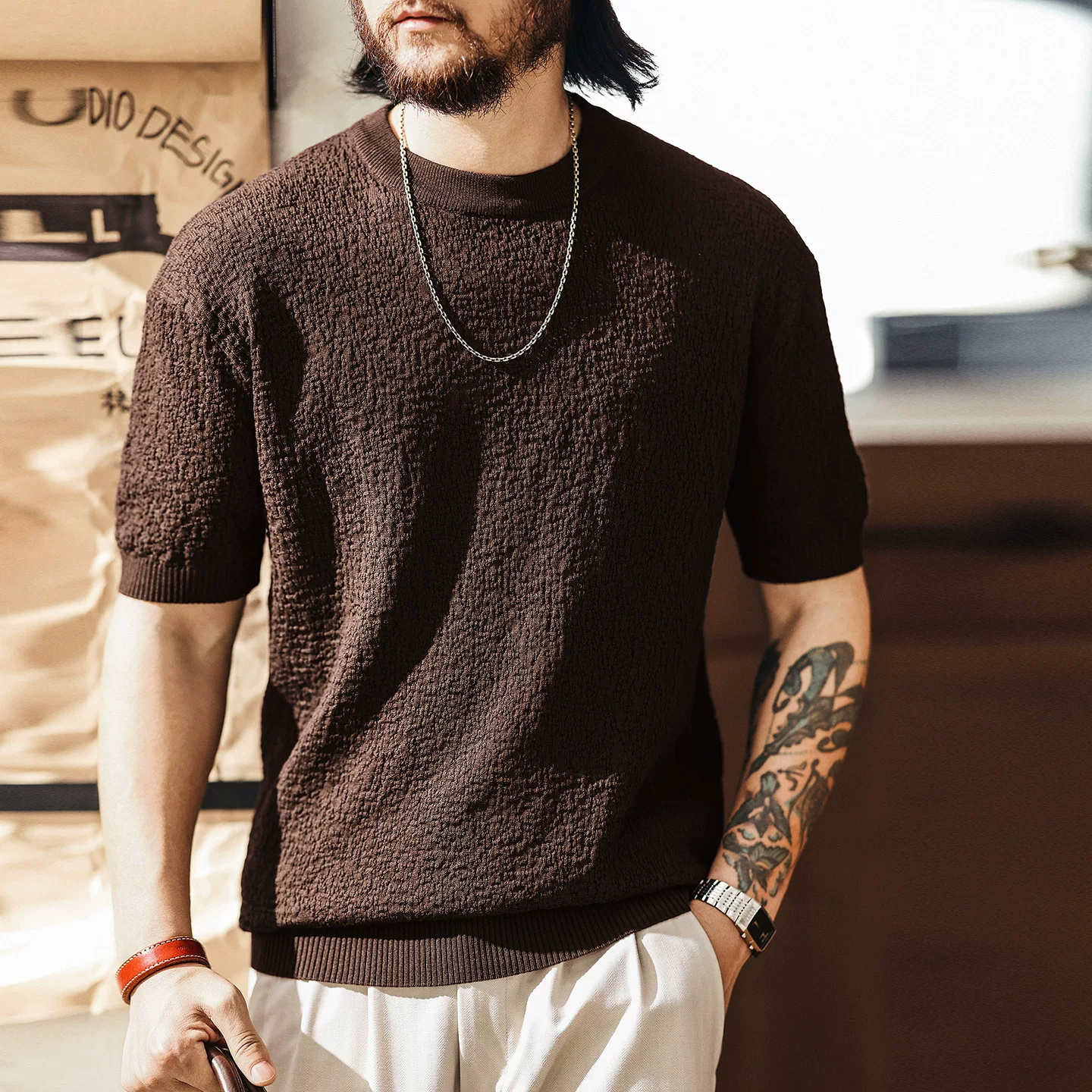 Green Deer high-end upstart style dark pleated knitted short-sleeved T-shirt men's summer fashion brand texture casual cool T-shirt Green Deer high-end upstart style dark pleated knitted short-sleeved T-shirt men's summer fashion brand texture casual cool T-shirt