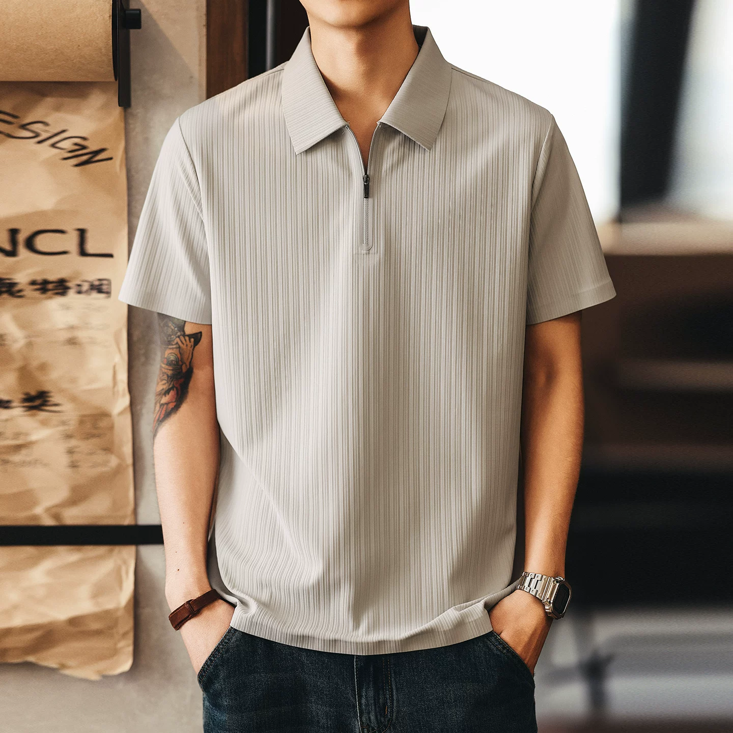 Green Deer high-end fashion brand vertical half-zip Polo shirt short-sleeved T-shirt men's summer loose ice silk half-sleeved top Green Deer high-end fashion brand vertical half-zip Polo shirt short-sleeved T-shirt men's summer loose ice silk half-sleeved top