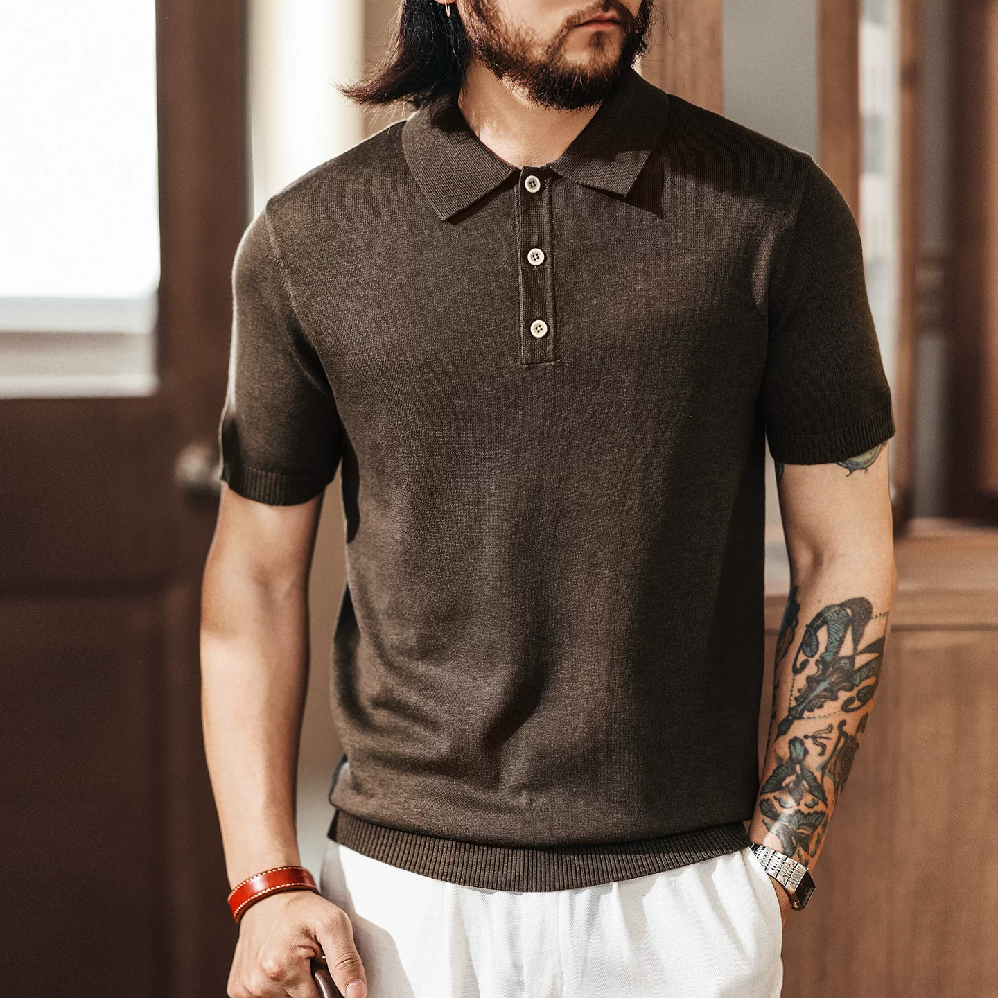 Green Deer high-end wool blend old money style polo shirt men's summer fashion brand loose single-button knitted short-sleeved men Green Deer high-end wool blend old money style polo shirt men's summer fashion brand loose single-button knitted short-sleeved men