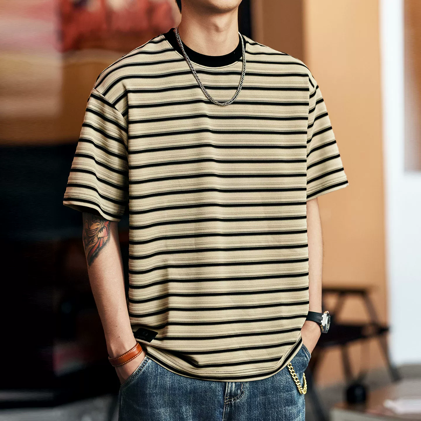 Green Deer high-end American retro striped men's T-shirt 2026 summer new loose round neck short-sleeved top for men Green Deer high-end American retro striped men's T-shirt 2026 summer new loose round neck short-sleeved top for men