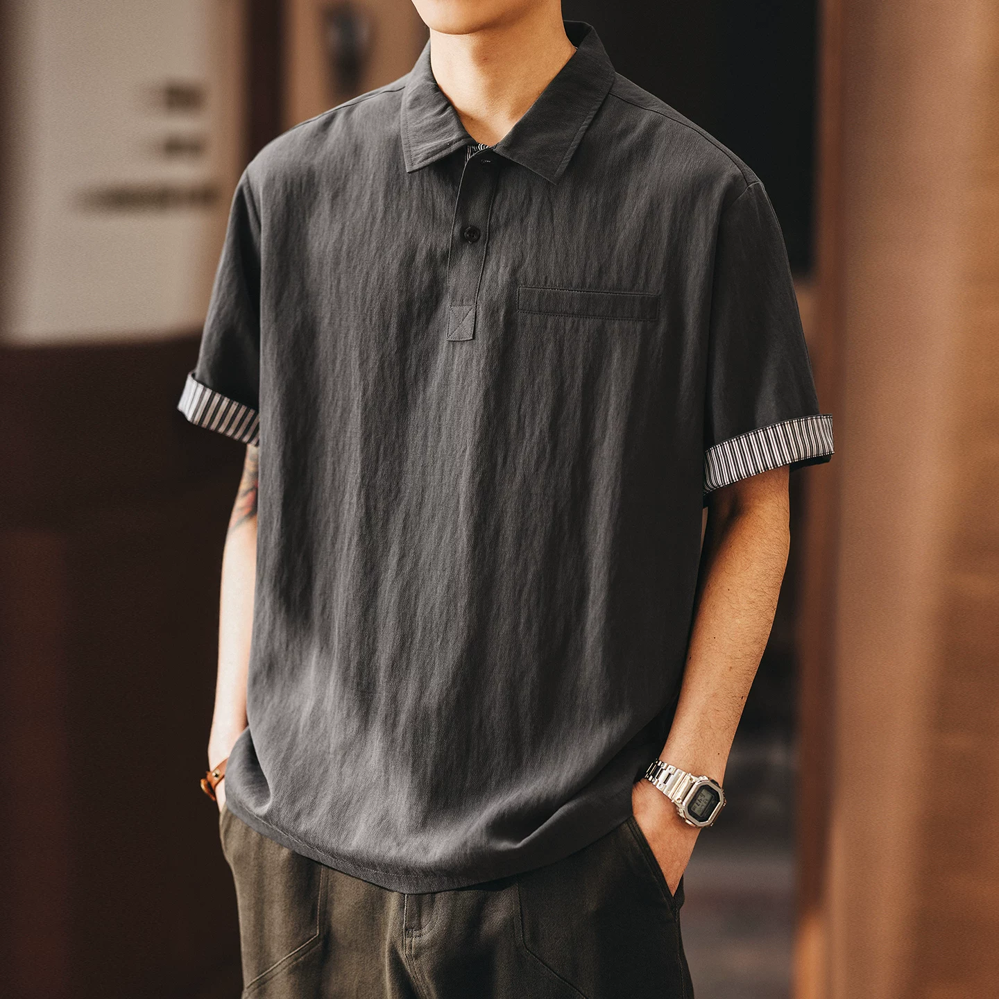 Green Deer high-end lyocell short-sleeved polo shirt men's summer thin trendy brand loose old money style retro splicing T-shirt Green Deer high-end lyocell short-sleeved polo shirt men's summer thin trendy brand loose old money style retro splicing T-shirt