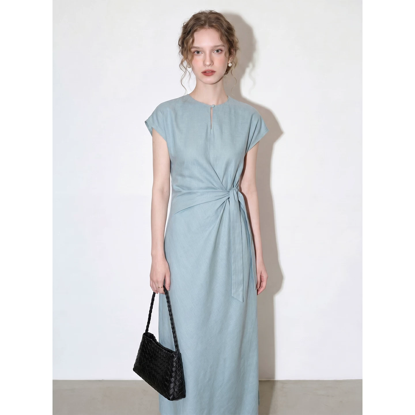 Light fog blue flying sleeve linen dress 2026 women's summer new style lace-up waist slimming long skirt Light fog blue flying sleeve linen dress 2026 women's summer new style lace-up waist slimming long skirt