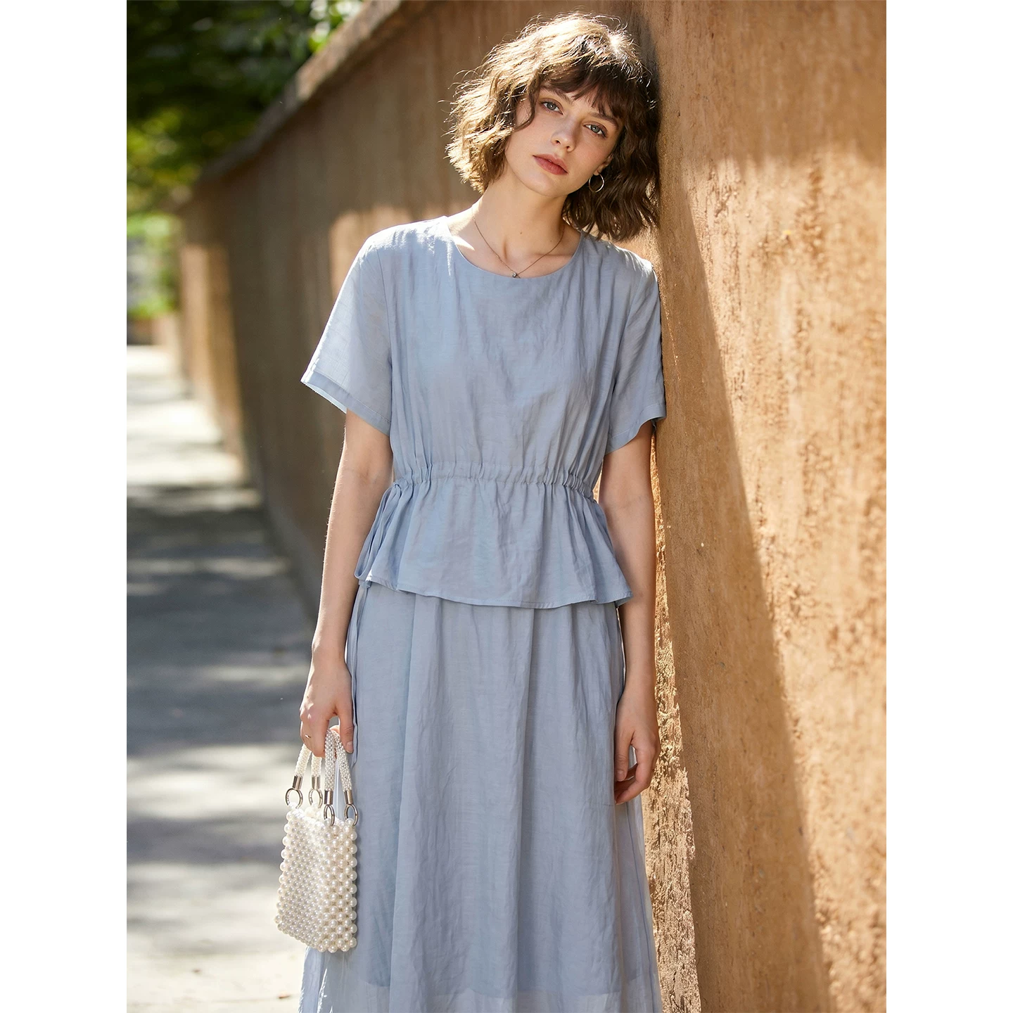 Gentle light blue short-sleeved dress for women summer 2026 new style waist fake two-piece set temperament long skirt lazy Gentle light blue short-sleeved dress for women summer 2026 new style waist fake two-piece set temperament long skirt lazy