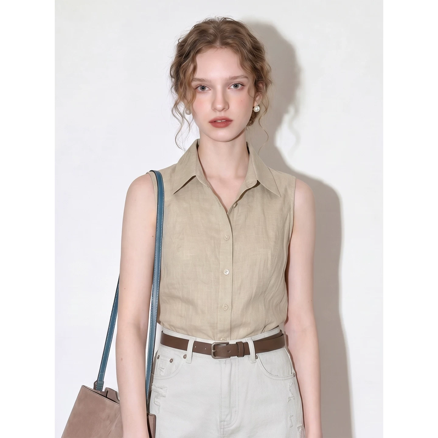 Gray hemp sleeveless shirt 2026 women's summer fashion classic casual commuting style slim lapel button top Gray hemp sleeveless shirt 2026 women's summer fashion classic casual commuting style slim lapel button top