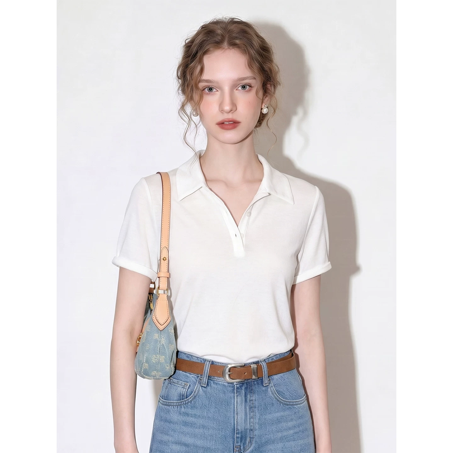 White Polo collar short-sleeved T-shirt 2026 women's summer simple basic casual commuting solid color fashion versatile top White Polo collar short-sleeved T-shirt 2026 women's summer simple basic casual commuting solid color fashion versatile top