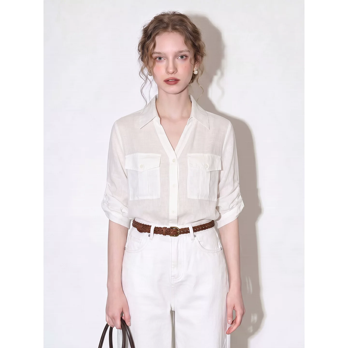 White short-sleeved lapel ramie shirt for women 2026 summer new style temperament high-end commuter style Tencel top White short-sleeved lapel ramie shirt for women 2026 summer new style temperament high-end commuter style Tencel top