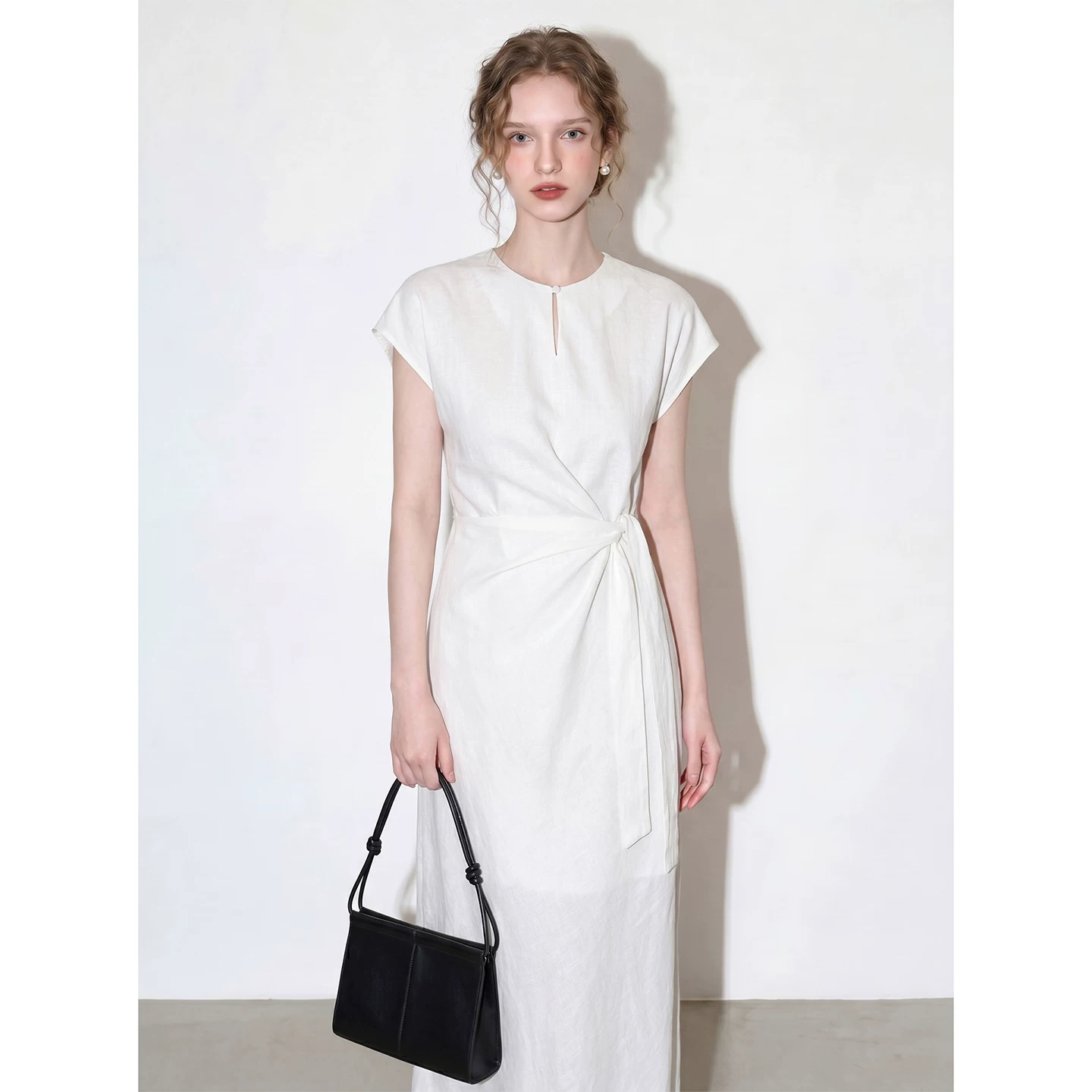 White Feifei Sleeve Round Neck Linen Dress 2026 Women's Summer New Simple Style Lace-Up Waist Temperament Long Skirt White Feifei Sleeve Round Neck Linen Dress 2026 Women's Summer New Simple Style Lace-Up Waist Temperament Long Skirt