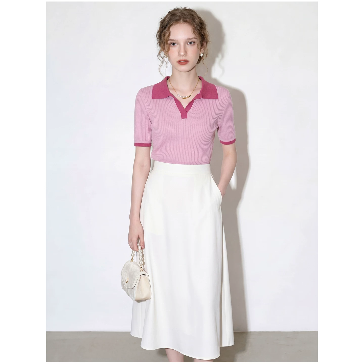 Pink contrasting color short-sleeved sweater for women 2026 new summer style comfortable daily versatile trendy commuter style top Pink contrasting color short-sleeved sweater for women 2026 new summer style comfortable daily versatile trendy commuter style top