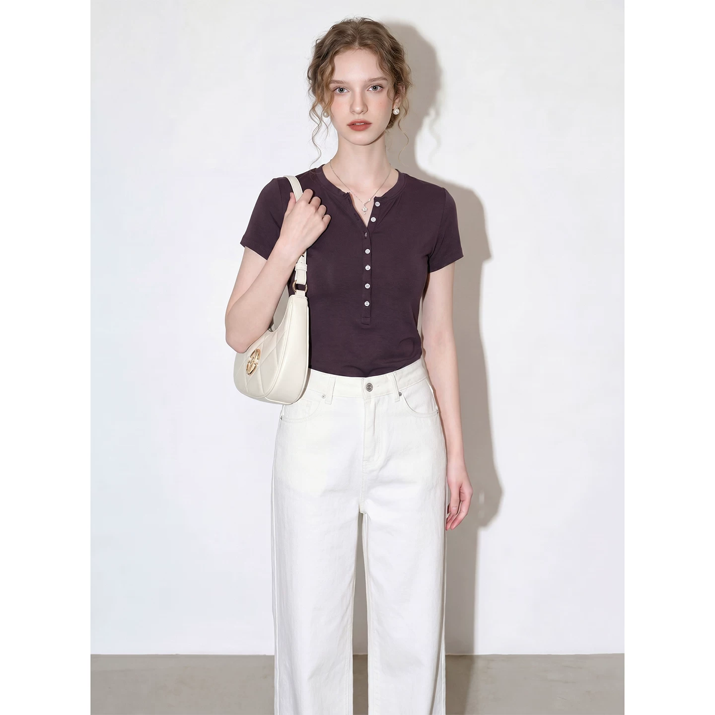 Purple Henry Collar Short Sleeve T-Shirt Women's 2026 Summer New Button Versatile Commuting Wear Daily Top Purple Henry Collar Short Sleeve T-Shirt Women's 2026 Summer New Button Versatile Commuting Wear Daily Top
