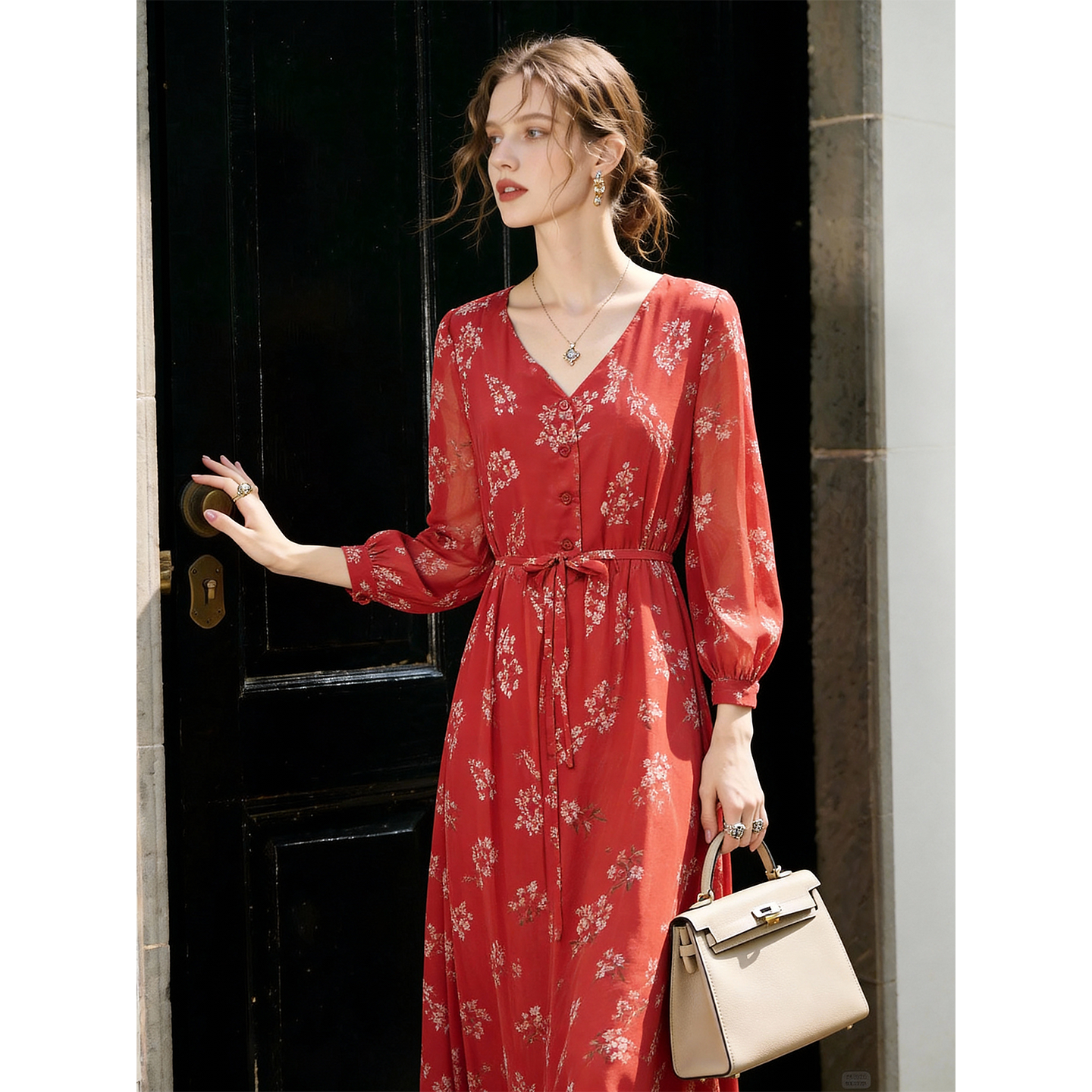 Red V-neck floral dress for women 2026 spring new high-end elegant waist slimming holiday style skirt Red V-neck floral dress for women 2026 spring new high-end elegant waist slimming holiday style skirt
