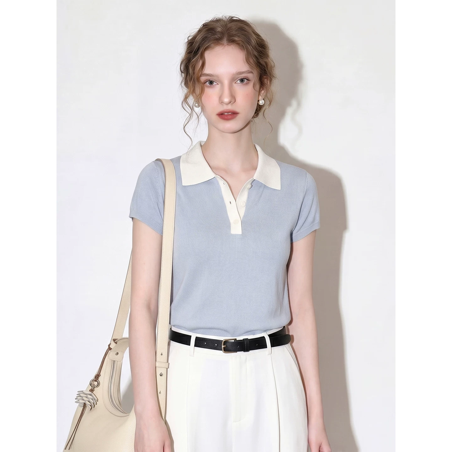Blue Polo collar contrasting V-neck top 2026 women's summer new style temperament commuting fashion versatile casual style short sleeves Blue Polo collar contrasting V-neck top 2026 women's summer new style temperament commuting fashion versatile casual style short sleeves