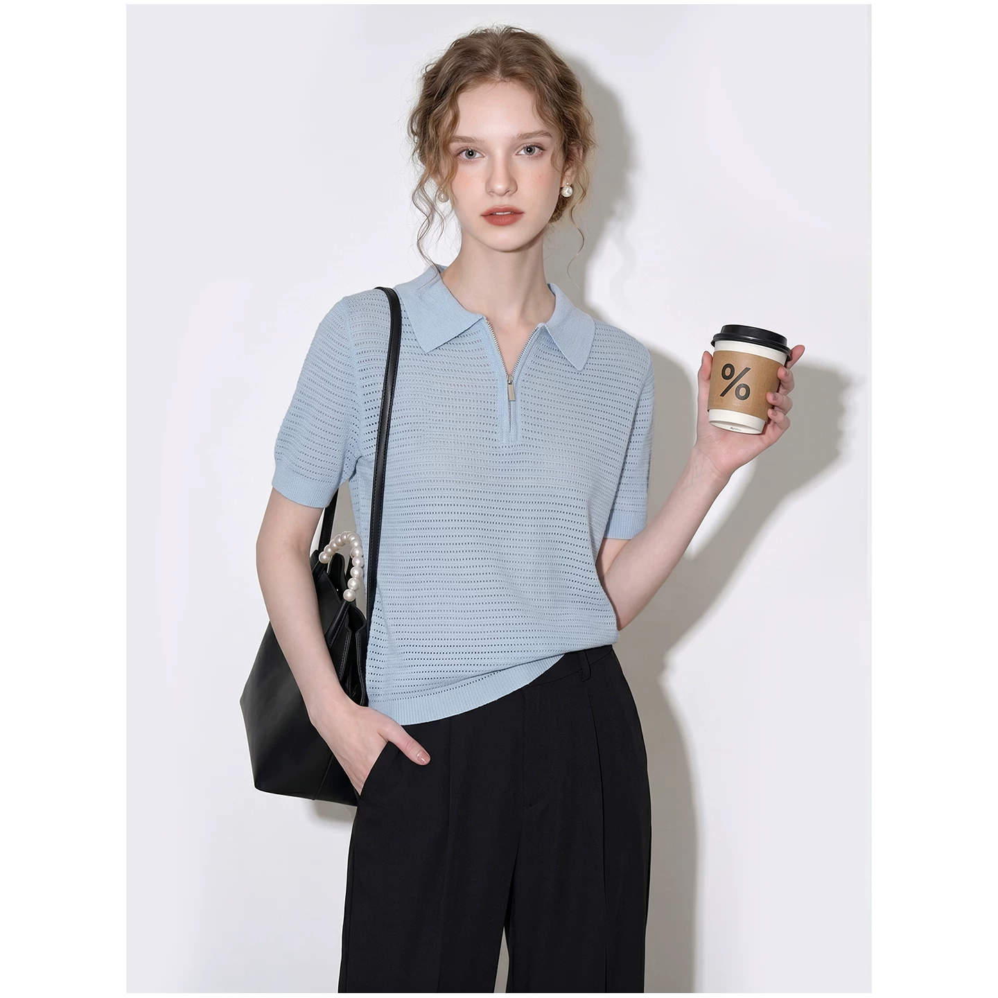 Blue polo collar Tencel linen short-sleeved sweater for women 2026 summer new simple versatile slimming top Blue polo collar Tencel linen short-sleeved sweater for women 2026 summer new simple versatile slimming top